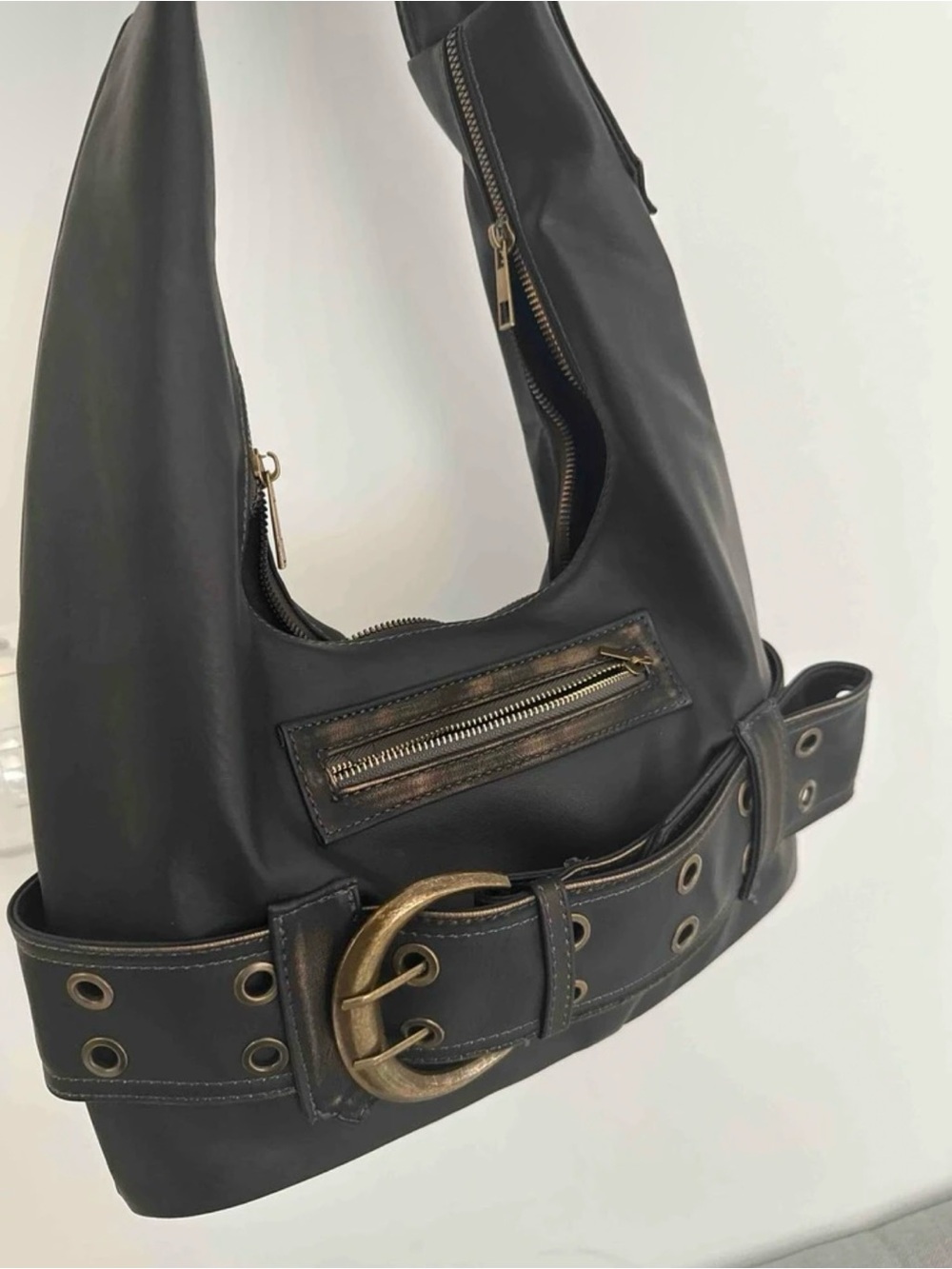 Black Shoulder Hobo Bag with Buckle Detail